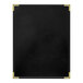 A black leather rectangular menu cover with gold corners.