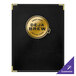 A black leather H. Risch menu cover with gold interior pocket and the logo deja brew.