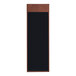 A rectangular black menu board with a brown leather edge.