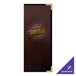 A brown rectangular leather menu cover with gold foil text on the front and interior pockets.