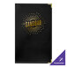 A black leather H. Risch menu cover with gold foil and interior pockets.