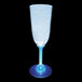 A 7 oz clear plastic champagne cup with a blue stem and blue LED light.