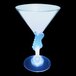 A clear plastic martini glass with a guitar shaped stem and a blue LED light.