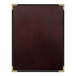 A customizable brown leather menu cover with black trim and an interior pocket.