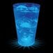 A 16 oz. plastic pint cup with ice and water inside, with a blue LED light shining through the water.