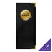 A black leather menu cover with gold interior pockets with a gold circle with black text on the cover.