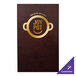 A brown leather H. Risch, Inc. wine menu cover with customizable gold accents on a table with a brown and gold menu.