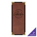 A brown leather H. Risch, Inc. tuxedo menu cover with gold corners.