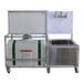 A white container with a stainless steel sink and faucet.