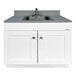 A white wood cabinet with a white Monsam portable sink on top.