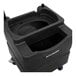 A black plastic container with wheels and a handle.