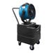 A large blue XPOWER portable air circulator on a black cart.