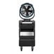 A black fan on wheels with a round object on top.