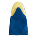 A blue and yellow Tucker Safety oven mitt with blue and yellow lining.