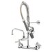 A T&S chrome wall-mounted pre-rinse faucet with club handles and a hose.