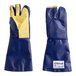 A pair of blue and yellow Tucker Safety QuicKlean gloves.