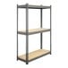 A grey Interlake Mecalux heavy-duty boltless steel shelving unit with wood shelves.