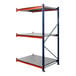 An Interlake Mecalux blue and orange metal bulk rack shelving add-on with steel decking.