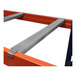 A metal Interlake Mecalux pallet rack frame with orange double-flanged supports.