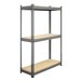 A grey Interlake Mecalux heavy-duty boltless metal shelving unit with wooden shelves.