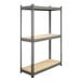 A grey metal Interlake Mecalux boltless shelving unit with wooden shelves.