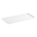 A white rectangular metal shelf with a raised edge.