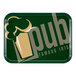 A green Cambro rectangular tray with a white and black pub logo.