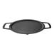 A black round pan with two handles.