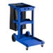 A Lavex blue janitor cart with a black bag on it.