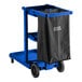 A Lavex blue janitor cart with a black bag on it.