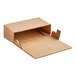 A brown cardboard box with a lid open.