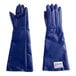 A pair of blue Tucker Safety QuicKlean gloves with white stitching.