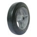 A black rubber wheel with a metal rim.
