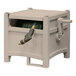 A white plastic box with a Suncast Light Taupe Hose Storage Hideaway inside.