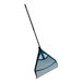 A Suncast blue plastic rake with a long handle.