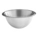 A close-up of a silver Matfer Bourgeat stainless steel mixing bowl with a rim.