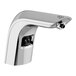 A Sloan polished chrome deck mount soap dispenser with a black button.
