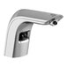 A Sloan brushed nickel deck mount sensor soap dispenser with black buttons.