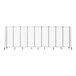 A frosted acrylic room divider with a gray frame and black wheels.