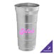 A silver aluminum cup with pink text reading "Ball"
