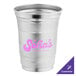 A silver Ball aluminum cup with the Ball logo in pink on a white surface.