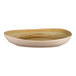 A white porcelain deep plate with brown stripes in an oval shape.