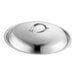 A silver stainless steel lid with a handle.