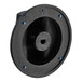 A black round plastic disc with blue screws.