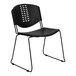 A Flash Furniture black plastic banquet chair with black metal legs.