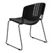 A Flash Furniture black plastic banquet chair with black metal legs.