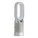 A white and silver Dyson Purifier Hot+Cool fan with a remote control.