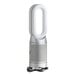 A white and silver Dyson air purifier and heater with a cord.