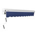 A navy blue Awntech Destin manual retractable awning over a white surface.