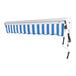 A blue and white striped Awntech Destin retractable awning with protective hood.